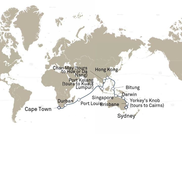 Queen Mary 2 voyage M606B itinerary map from Sydney, NSW, Australia to Cape Town, South Africa