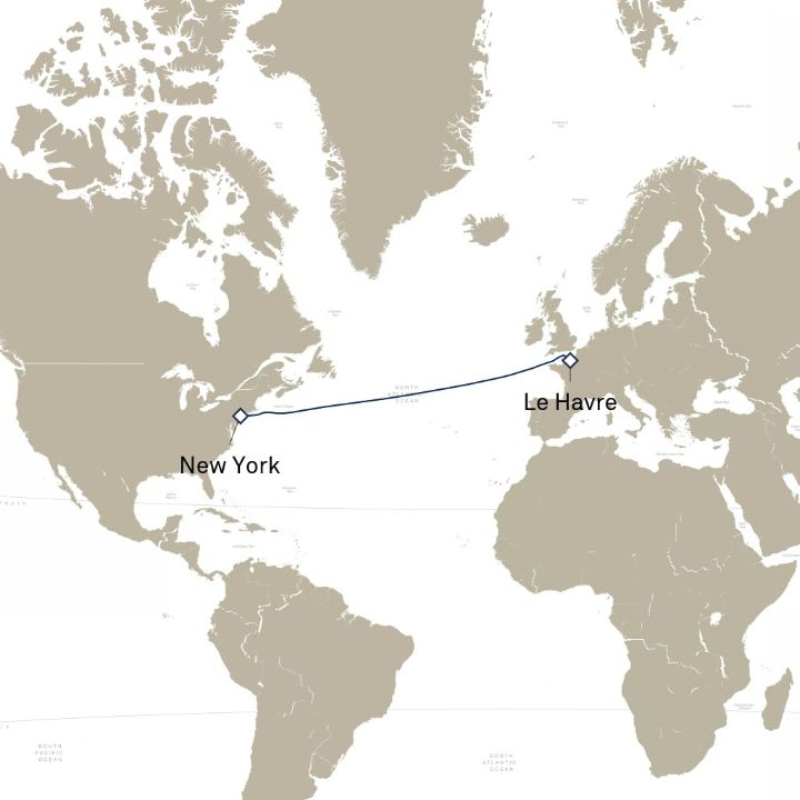 Queen Mary 2 voyage M609C itinerary map from Le Havre, France to New York, NY, USA