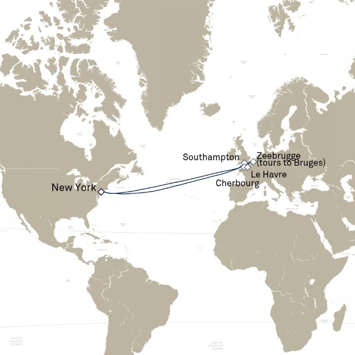 Queen Mary 2 voyage M611C itinerary map from New York, NY, USA to New York, NY, USA