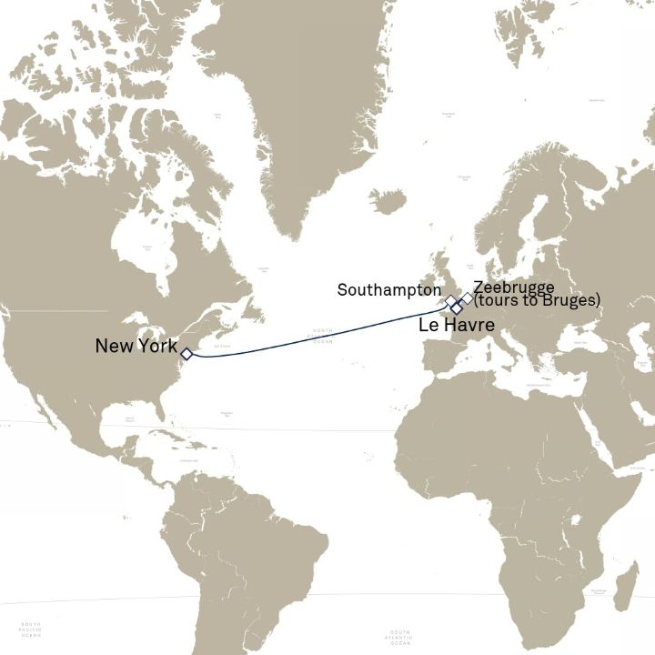 Queen Mary 2 voyage M611B itinerary map from New York, NY, USA to Le Havre, France