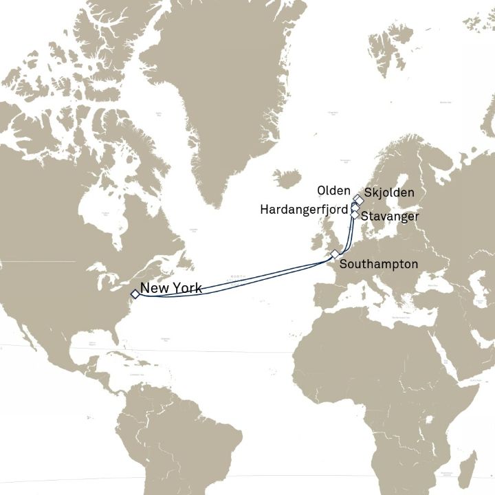 Queen Mary 2 voyage M610A itinerary map from New York, NY, USA to New York, NY, USA