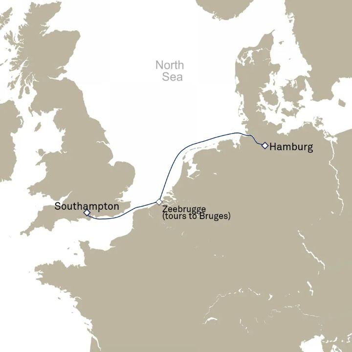 Queen Mary 2 voyage M621A itinerary map from Hamburg, Germany to Southampton, England, UK