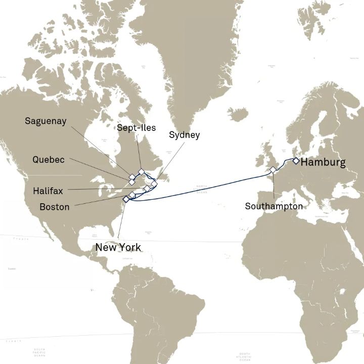Queen Mary 2 voyage M624C itinerary map from New York, NY, USA to Hamburg, Germany
