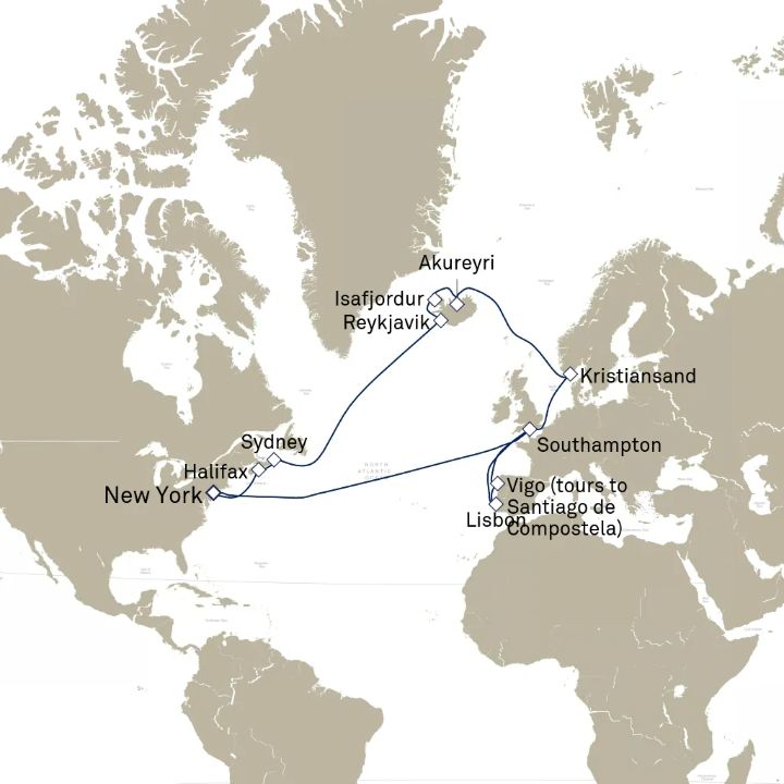 Queen Mary 2 voyage M723A itinerary map from New York, NY, USA to New York, NY, USA