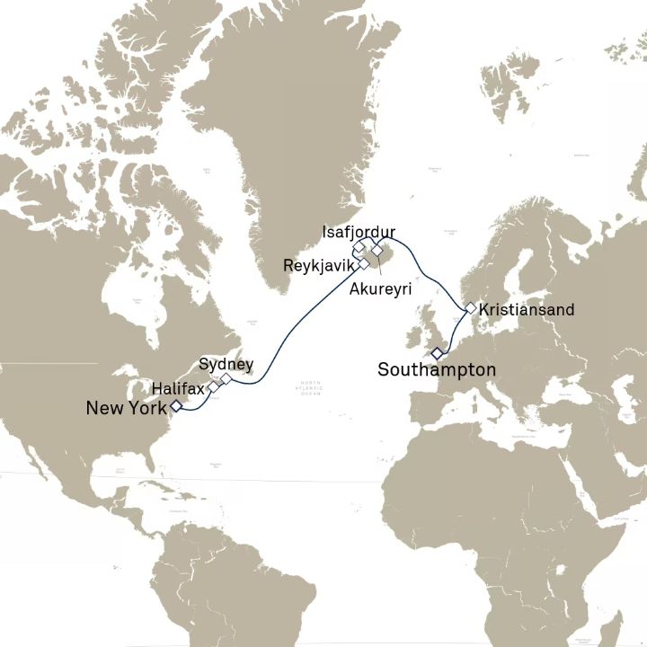 Queen Mary 2 voyage M723 itinerary map from New York, NY, USA to Southampton, England, UK