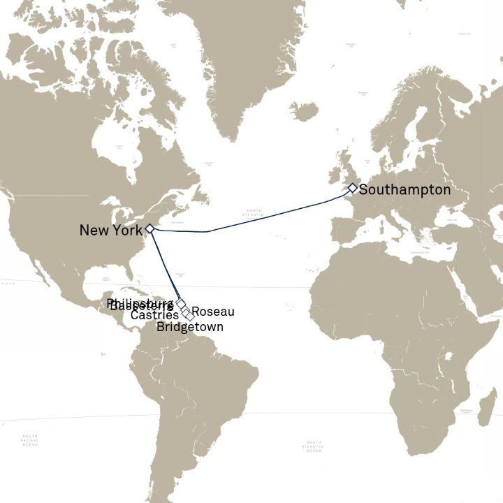 Queen Mary 2 voyage M737A itinerary map from Southampton, England, UK to New York, NY, USA