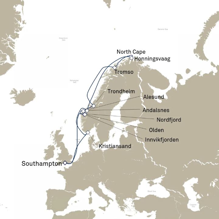 Queen Mary 2 voyage M721 itinerary map from Southampton, England, UK to Southampton, England, UK