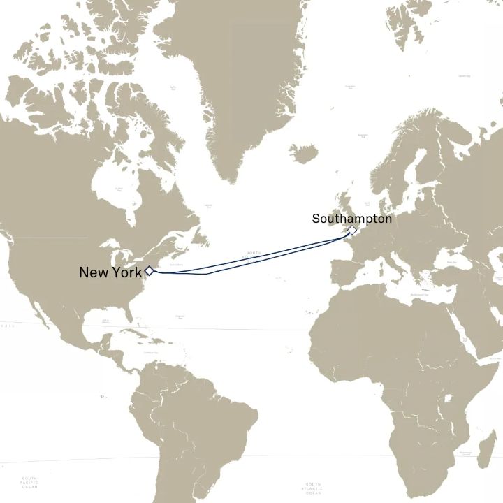 Queen Mary 2 voyage M718A itinerary map from New York, NY, USA to New York, NY, USA