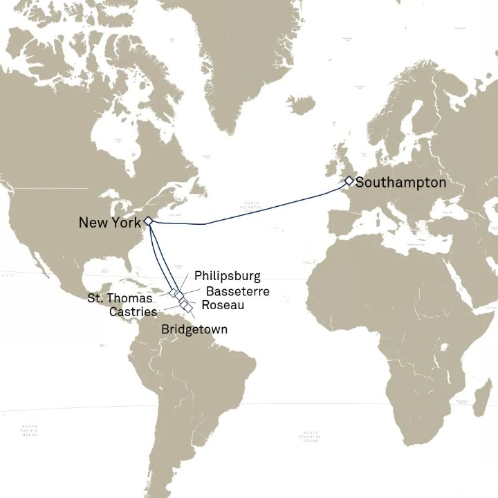 Queen Mary 2 voyage M733A itinerary map from Southampton, England, UK to New York, NY, USA