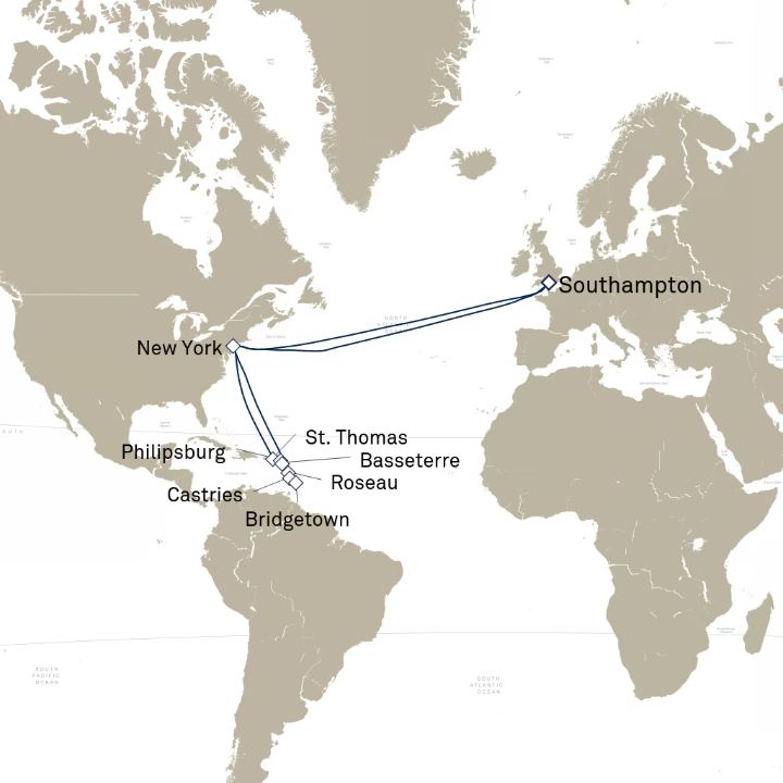 Queen Mary 2 voyage M733B itinerary map from Southampton, England, UK to Southampton, England, UK