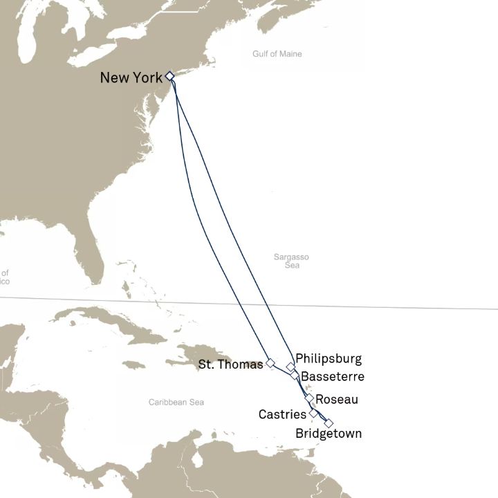 Queen Mary 2 voyage M734 itinerary map from New York, NY, USA to New York, NY, USA