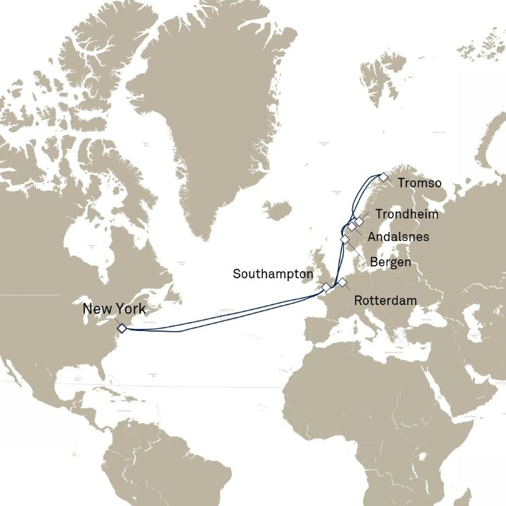 Queen Mary 2 voyage M730A itinerary map from New York, NY, USA to New York, NY, USA