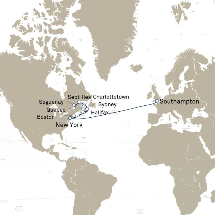 Queen Mary 2 voyage M726B itinerary map from New York, NY, USA to Southampton, England, UK