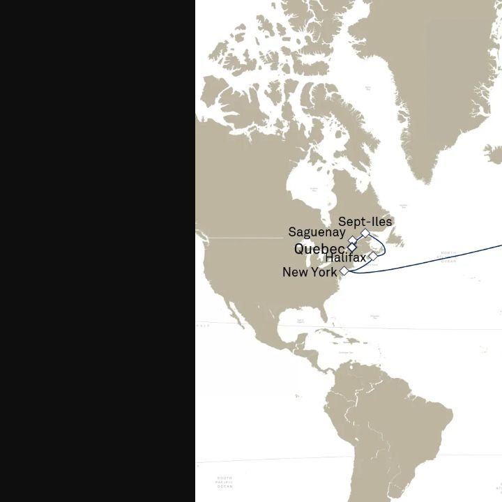 Queen Mary 2 voyage M727A itinerary map from Quebec, QC, Canada to Southampton, England, UK