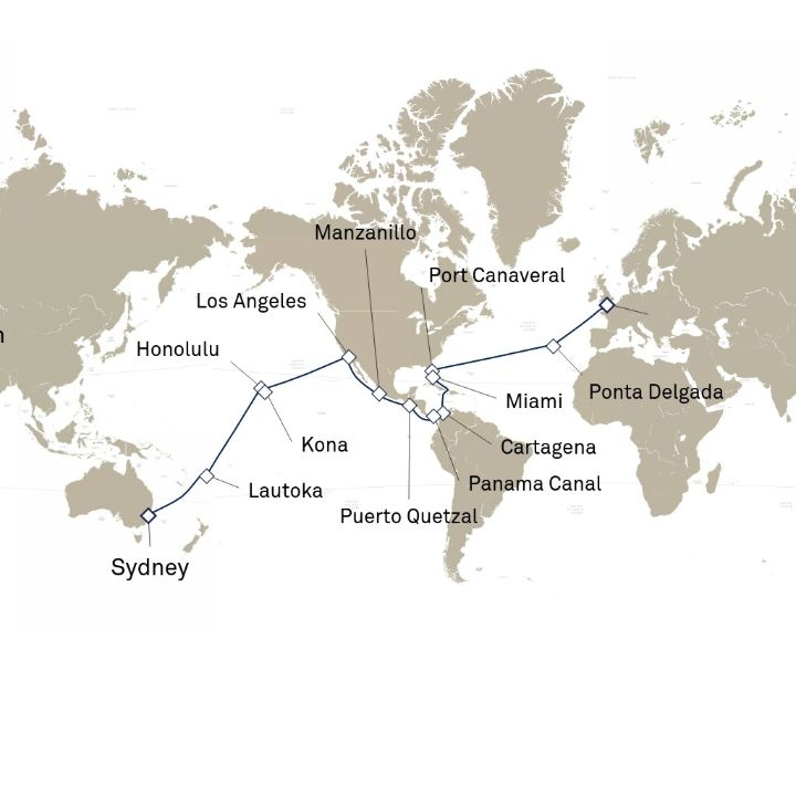 Queen Mary 2 voyage M809 itinerary map from Southampton, England, UK to Southampton, England, UK