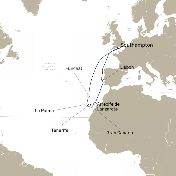 Queen Victoria Voyage V607 itinerary map from Southampton, England, UK to Southampton, England, UK