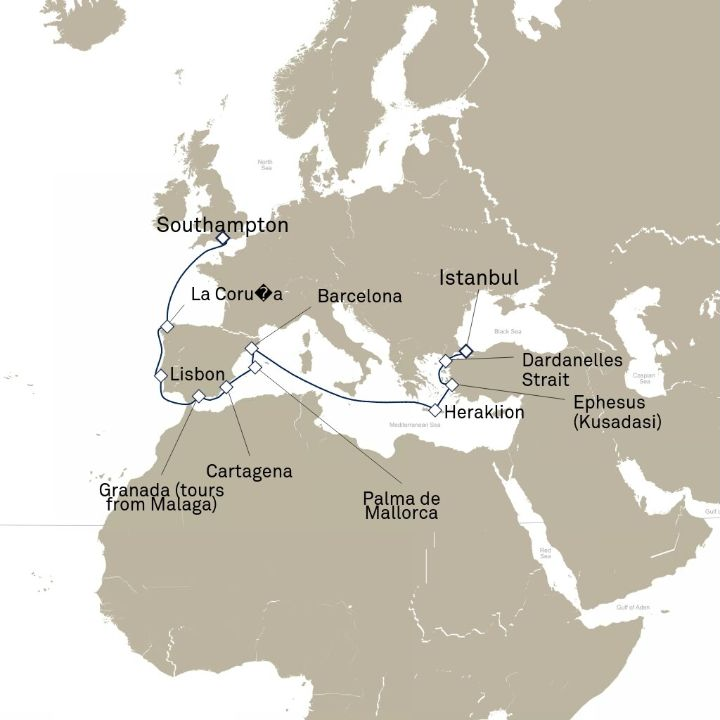Queen Victoria Voyage V608A itinerary map from Southampton, England, UK to Istanbul, Turkey