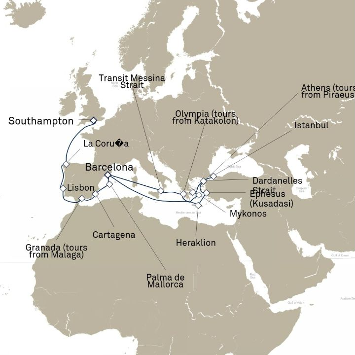 Queen Victoria Voyage V608B itinerary map from Southampton, England, UK to Barcelona, Spain