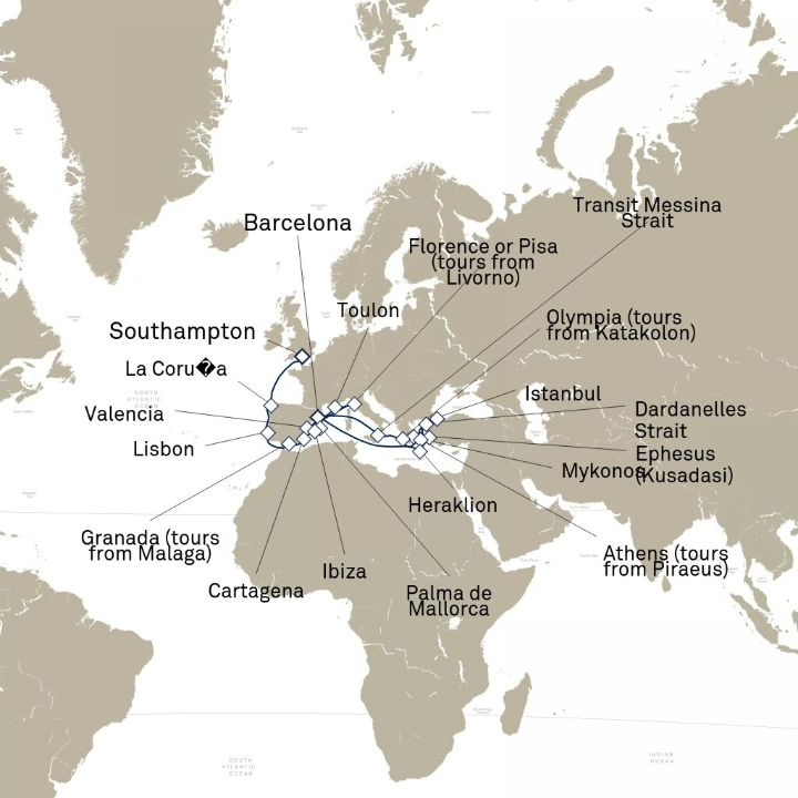 Queen Victoria Voyage V608C itinerary map from Southampton, England, UK to Barcelona, Spain