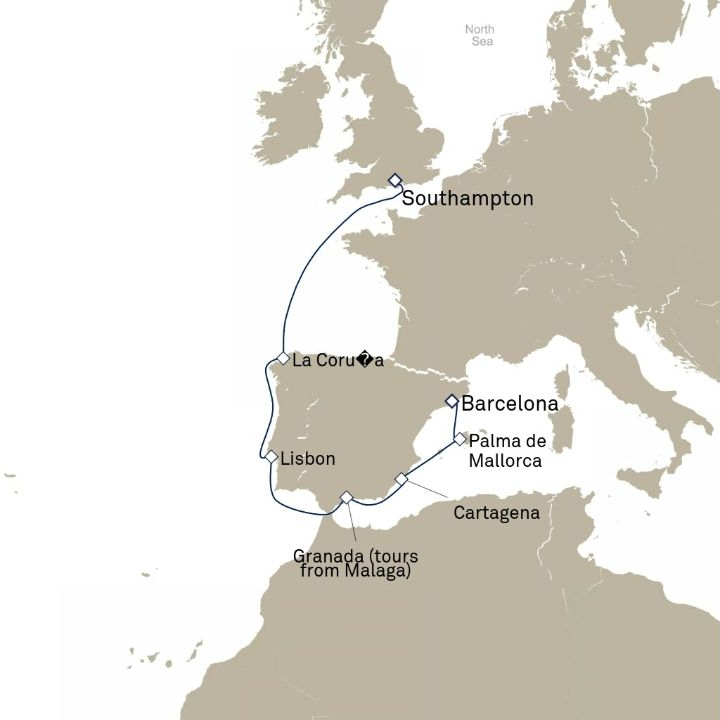 Queen Victoria Voyage V608 itinerary map from Southampton, England, UK to Barcelona, Spain