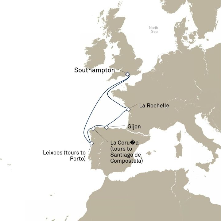 Queen Victoria Voyage V606 itinerary map from Southampton, England, UK to Southampton, England, UK