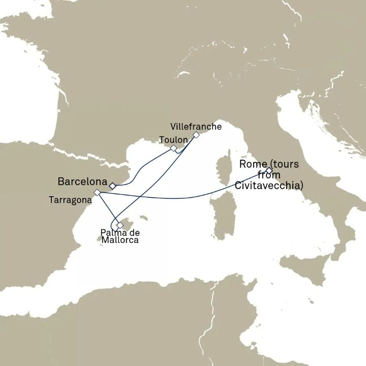 Queen Victoria Voyage V616A itinerary map from Civitavecchia (tours to Rome), Italy to Barcelona, Spain