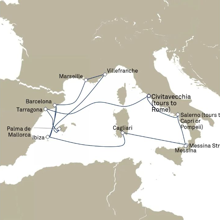 Queen Victoria Voyage V616 itinerary map from Civitavecchia (tours to Rome), Italy to Civitavecchia (tours to Rome), Italy