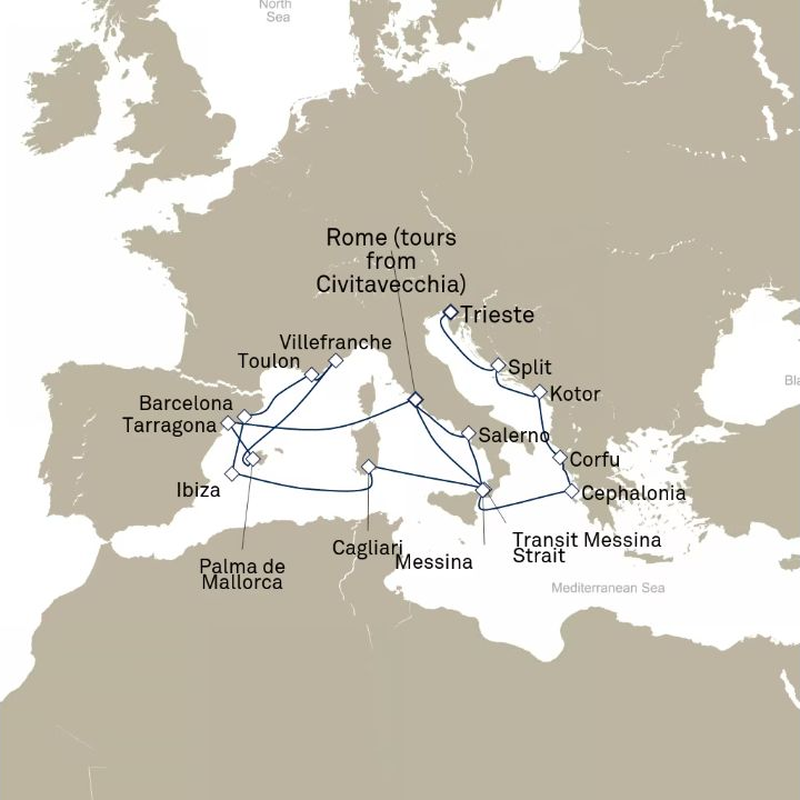 Queen Victoria Voyage V616B itinerary map from Civitavecchia (tours to Rome), Italy to Trieste, Italy