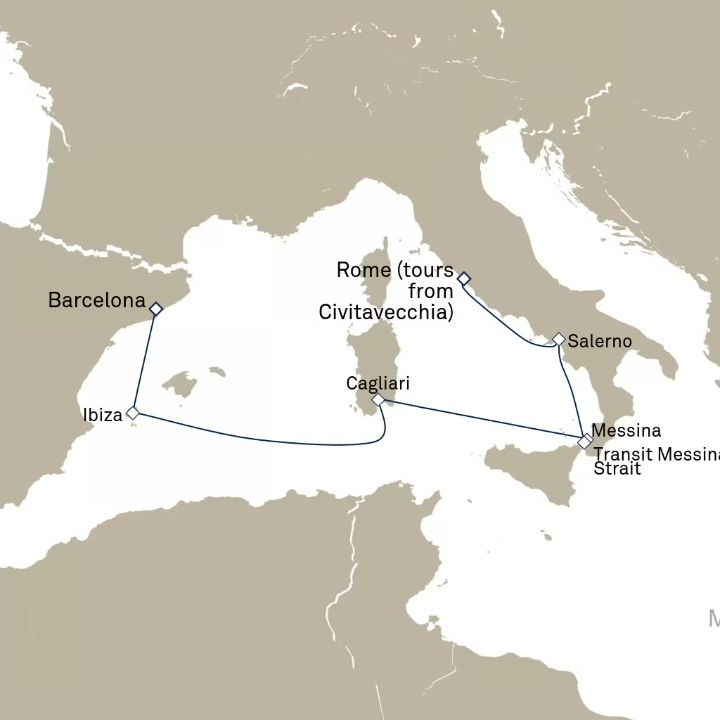 Queen Victoria Voyage V616C itinerary map from Barcelona, Spain to Civitavecchia (tours to Rome), Italy