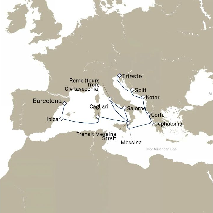 Queen Victoria Voyage V616D itinerary map from Barcelona, Spain to Trieste, Italy