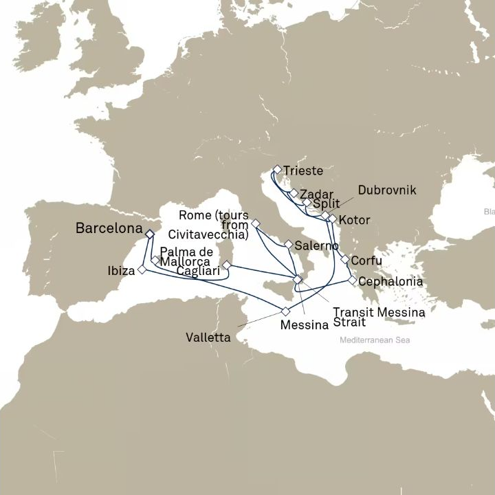 Queen Victoria Voyage V616E itinerary map from Barcelona, Spain to Barcelona, Spain