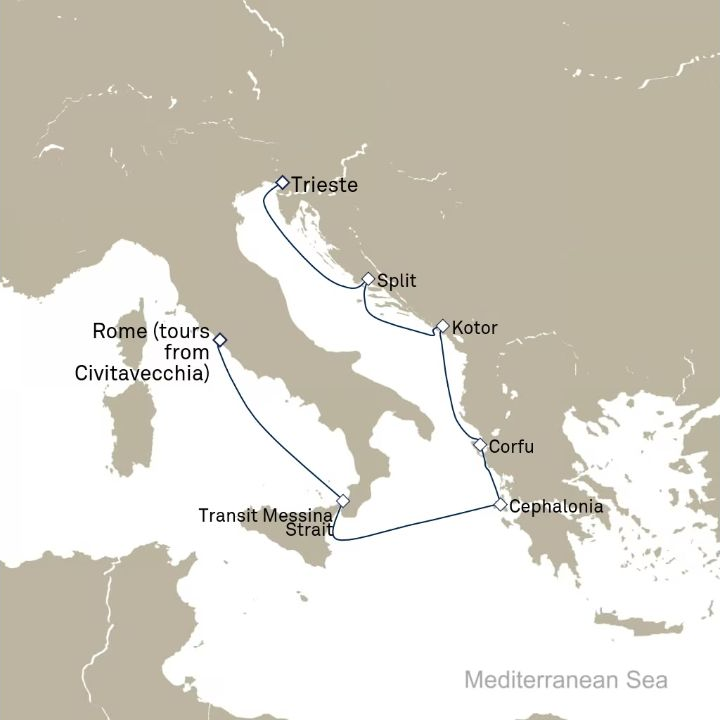 Queen Victoria Voyage V617A itinerary map from Civitavecchia (tours to Rome), Italy to Trieste, Italy