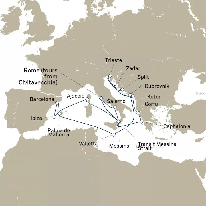 Queen Victoria Voyage V617B itinerary map from Civitavecchia (tours to Rome), Italy to Civitavecchia (tours to Rome), Italy