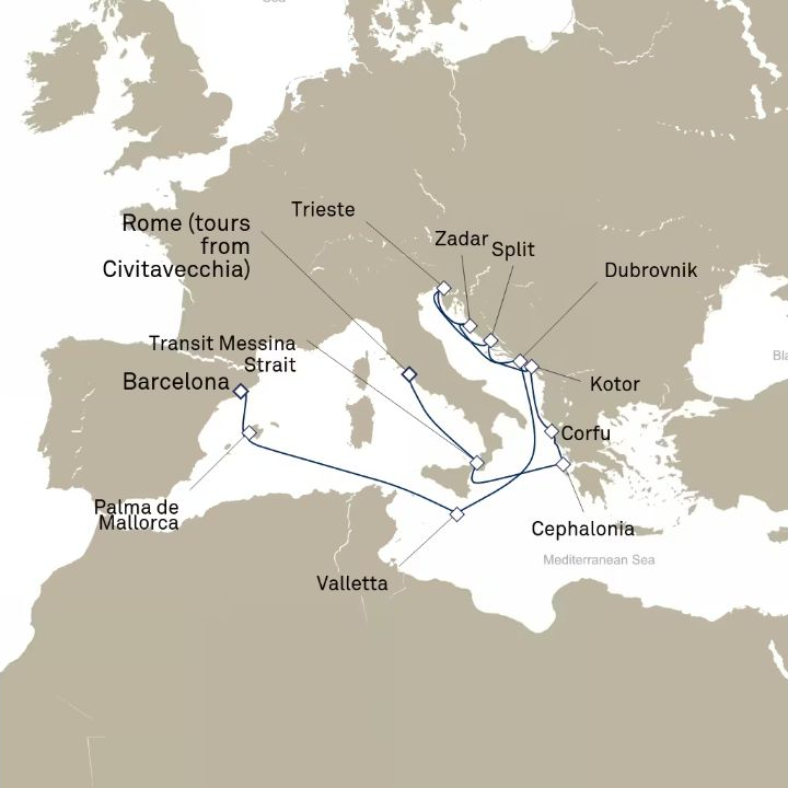 Queen Victoria Voyage V617 itinerary map from Civitavecchia (tours to Rome), Italy to Barcelona, Spain
