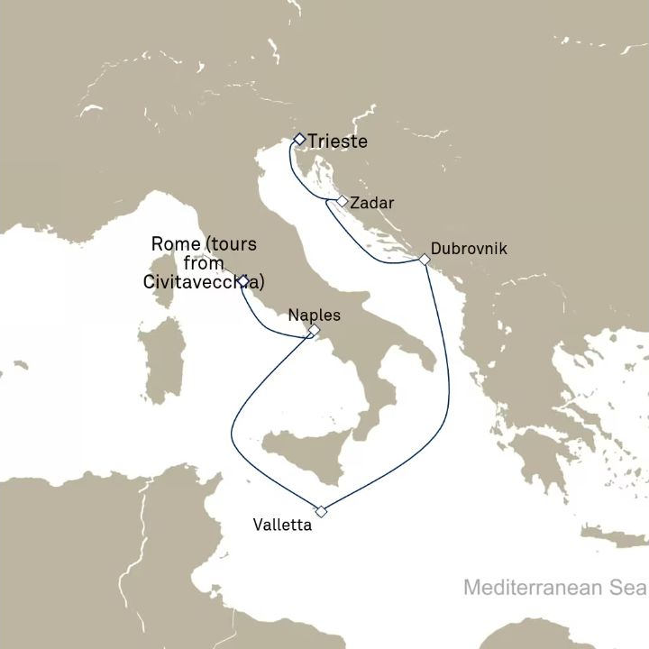 Queen Victoria Voyage V615C itinerary map from Trieste, Italy to Civitavecchia (tours to Rome), Italy