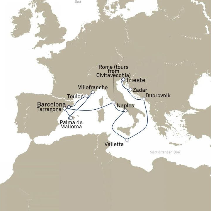 Queen Victoria Voyage V615D itinerary map from Trieste, Italy to Barcelona, Spain