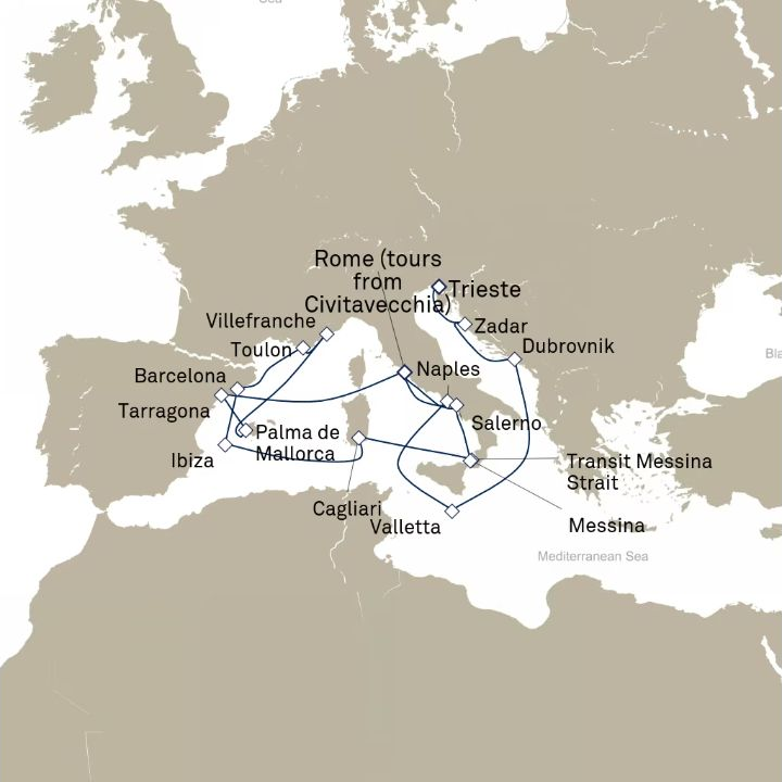 Queen Victoria Voyage V615E itinerary map from Trieste, Italy to Civitavecchia (tours to Rome), Italy