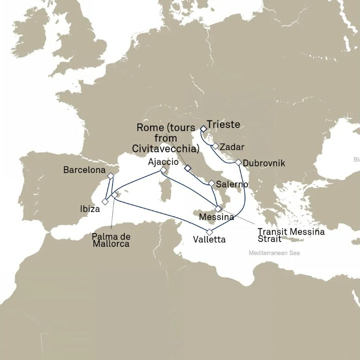 Queen Victoria Voyage V617D itinerary map from Trieste, Italy to Civitavecchia (tours to Rome), Italy