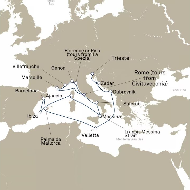 Queen Victoria Voyage V617E itinerary map from Trieste, Italy to Civitavecchia (tours to Rome), Italy