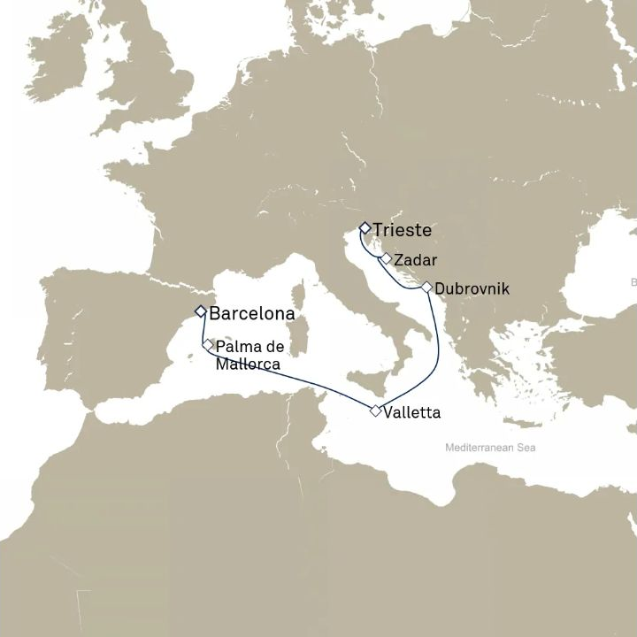 Queen Victoria Voyage V617C itinerary map from Trieste, Italy to Barcelona, Spain