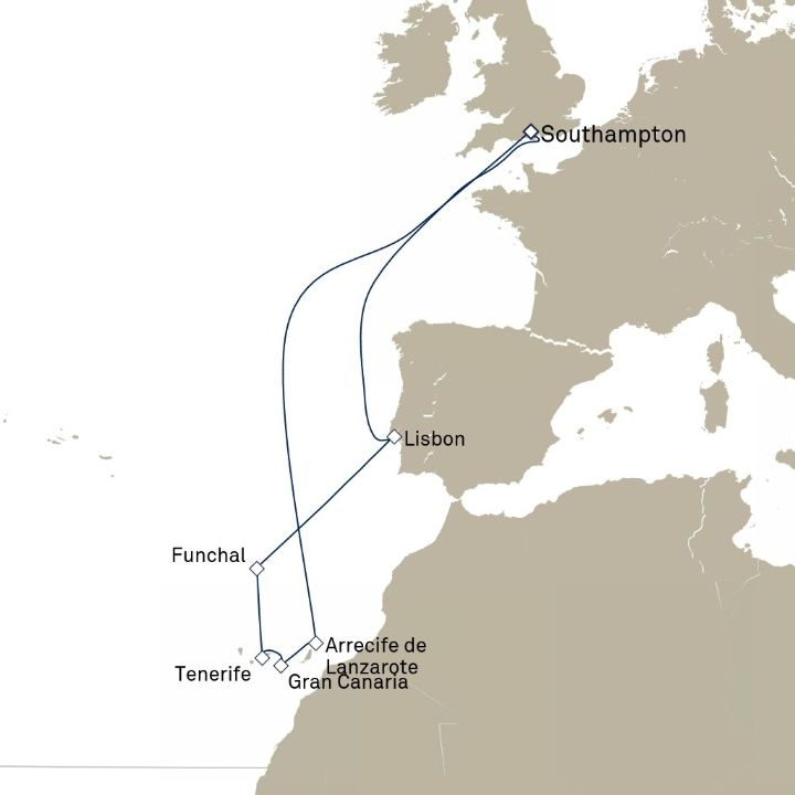 Queen Victoria Voyage V626 itinerary map from Southampton, England, UK to Southampton, England, UK