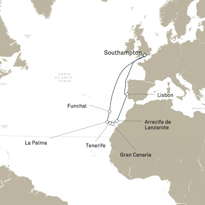 Queen Victoria Voyage V603 itinerary map from Southampton, England, UK to Southampton, England, UK