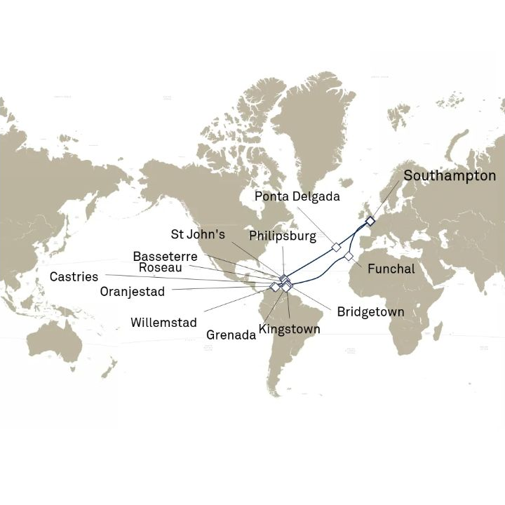Queen Victoria Voyage V602 itinerary map from Southampton, England, UK to Southampton, England, UK
