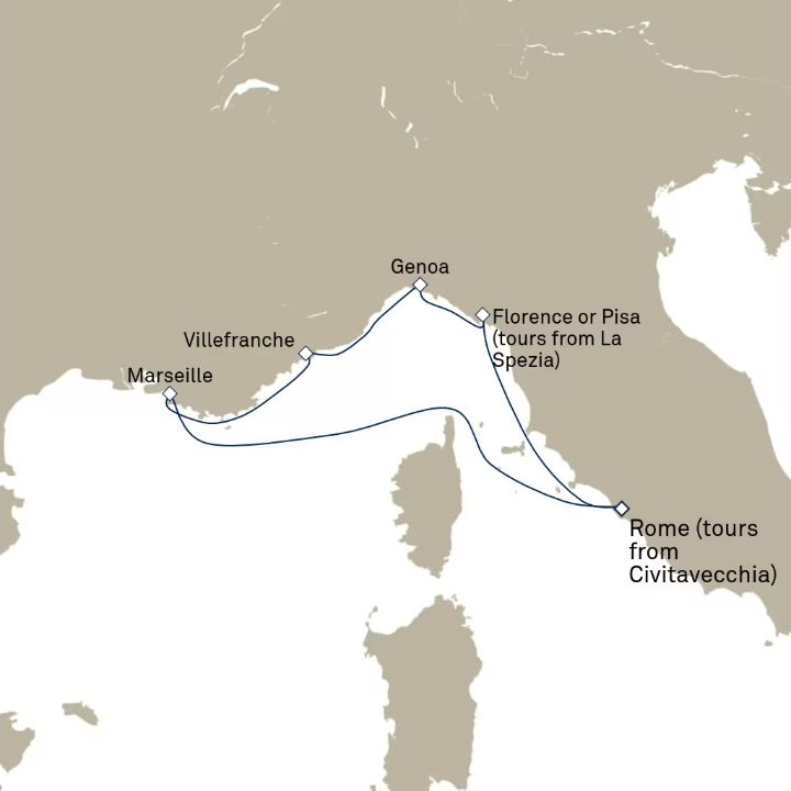 Queen Victoria Voyage V614A itinerary map from Civitavecchia (tours to Rome), Italy to Civitavecchia (tours to Rome), Italy
