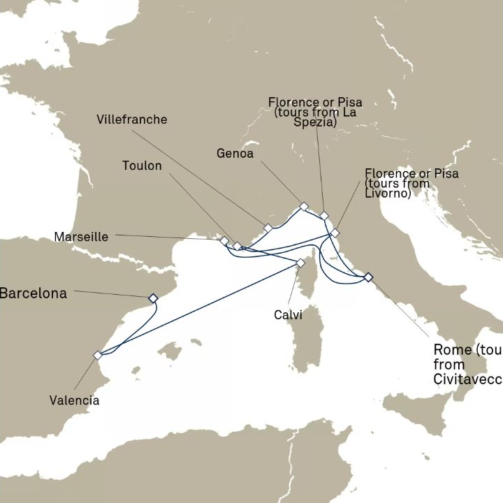 Queen Victoria Voyage V614 itinerary map from Civitavecchia (tours to Rome), Italy to Barcelona, Spain