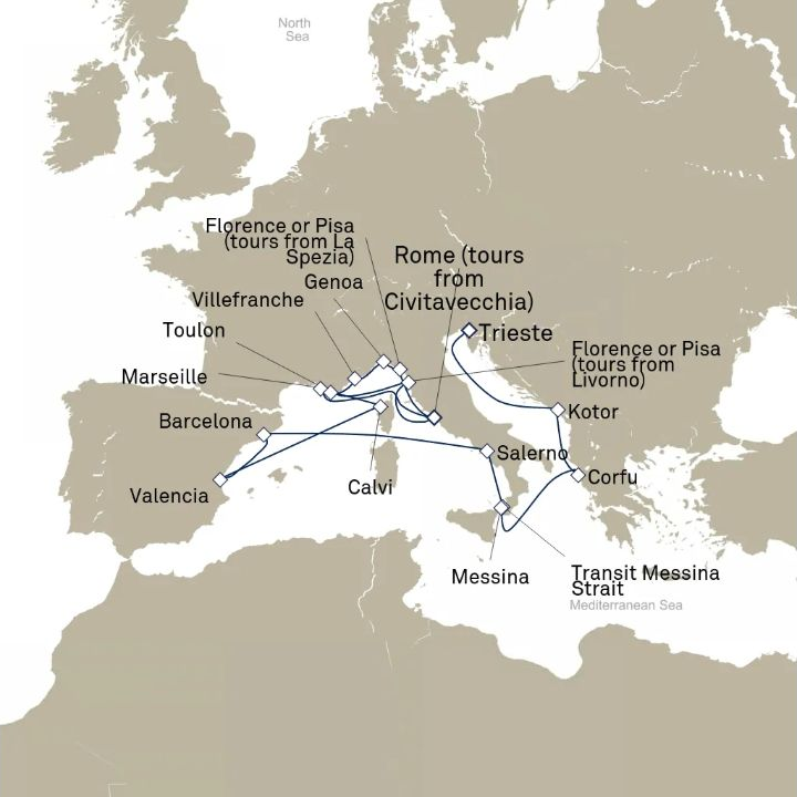 Queen Victoria Voyage V614B itinerary map from Civitavecchia (tours to Rome), Italy to Trieste, Italy
