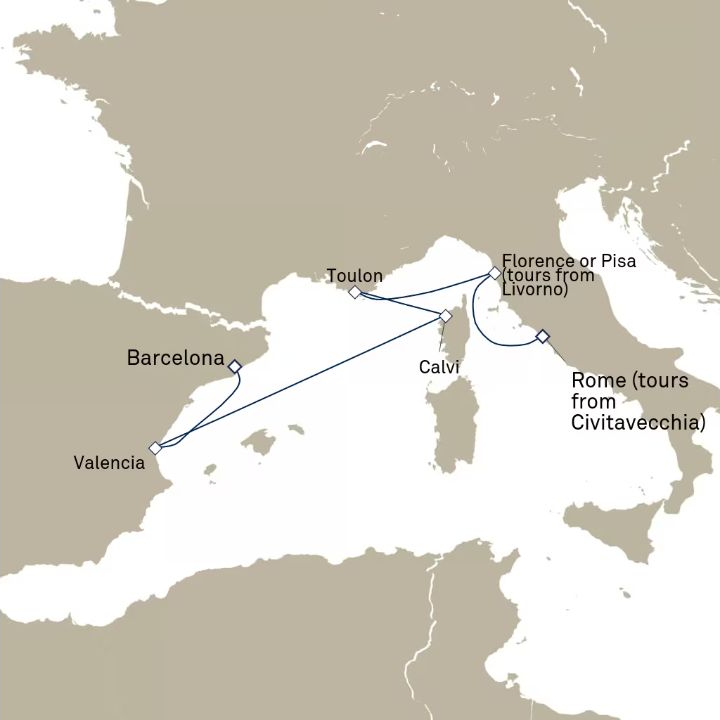 Queen Victoria Voyage V614C itinerary map from Civitavecchia (tours to Rome), Italy to Barcelona, Spain