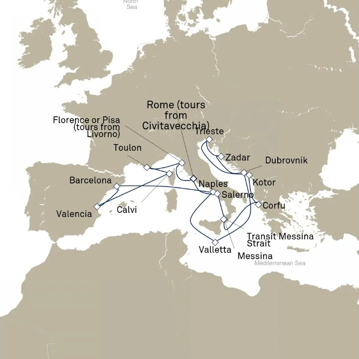 Queen Victoria Voyage V614E itinerary map from Civitavecchia (tours to Rome), Italy to Civitavecchia (tours to Rome), Italy