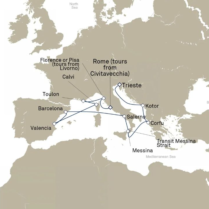 Queen Victoria Voyage V614D itinerary map from Civitavecchia (tours to Rome), Italy to Trieste, Italy