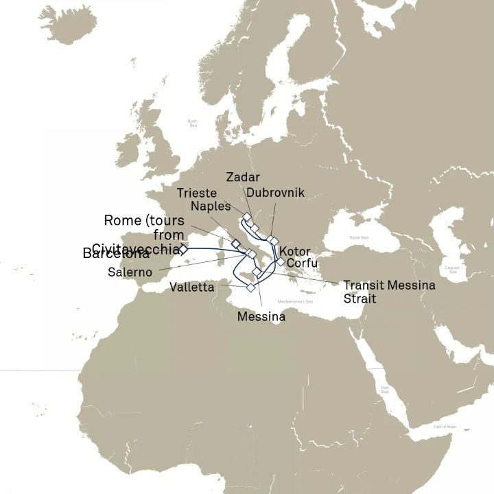 Queen Victoria Voyage V615 itinerary map from Barcelona, Spain to Civitavecchia (tours to Rome), Italy